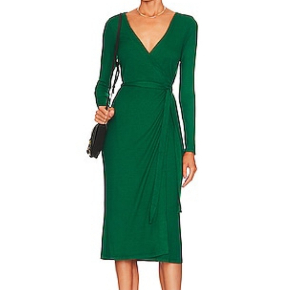 Enza Costa A Coste Ribbed Wrap Midi Dress Hunter Green S Dark Olive Long Sleeve